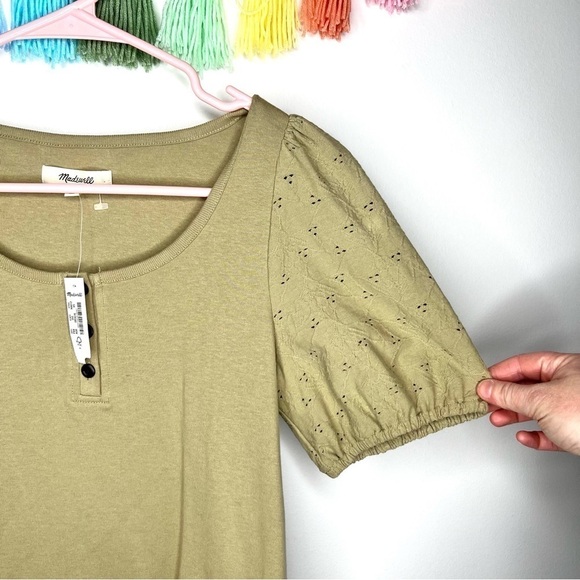 Madewell Olive Green Eyelet Sleeve Henley Short Sleeve Top Size Extra Small NWT - Picture 4 of 15